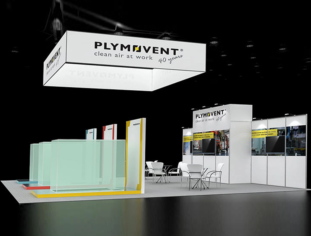 30x30 booth design with central demo and LED wall
